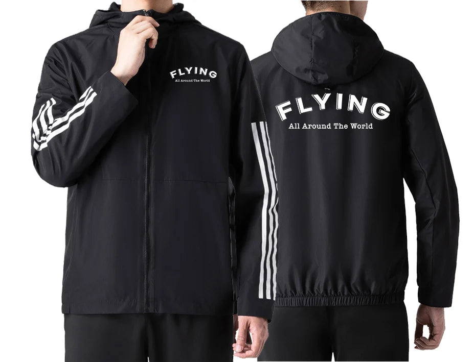 Flying All Around The World Sport Style aviation design printed on lightweight windproof shell windbreaker.