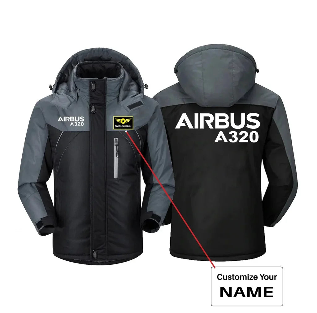 Airbus A320 & Text aviation design printed on heavyweight insulated shell thick winter jacket.