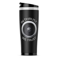 Thumbnail for In Thrust We Trust aviation design on travel mug no-holder, insulated double-wall.