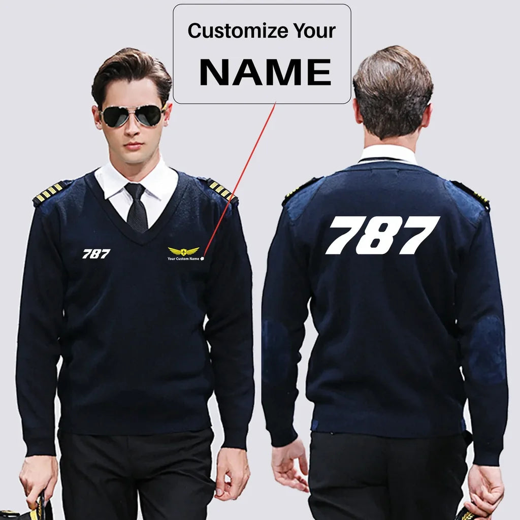 Boeing 787 Flat Text aviation design on premium wool blend wool pilot sweater.