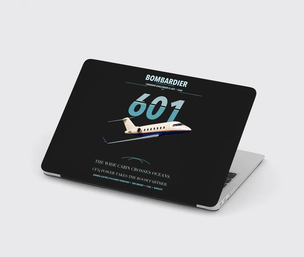 Bombardier Challenger 601 design on black MacBook case