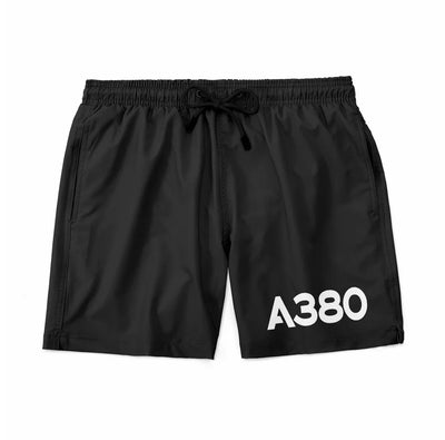 Airbus A380 Flat Text aviation design on quick-dry polyester swim trunks.