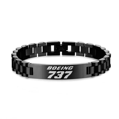 Boeing 737 & Text aviation-themed chain bracelet, polished stainless steel.