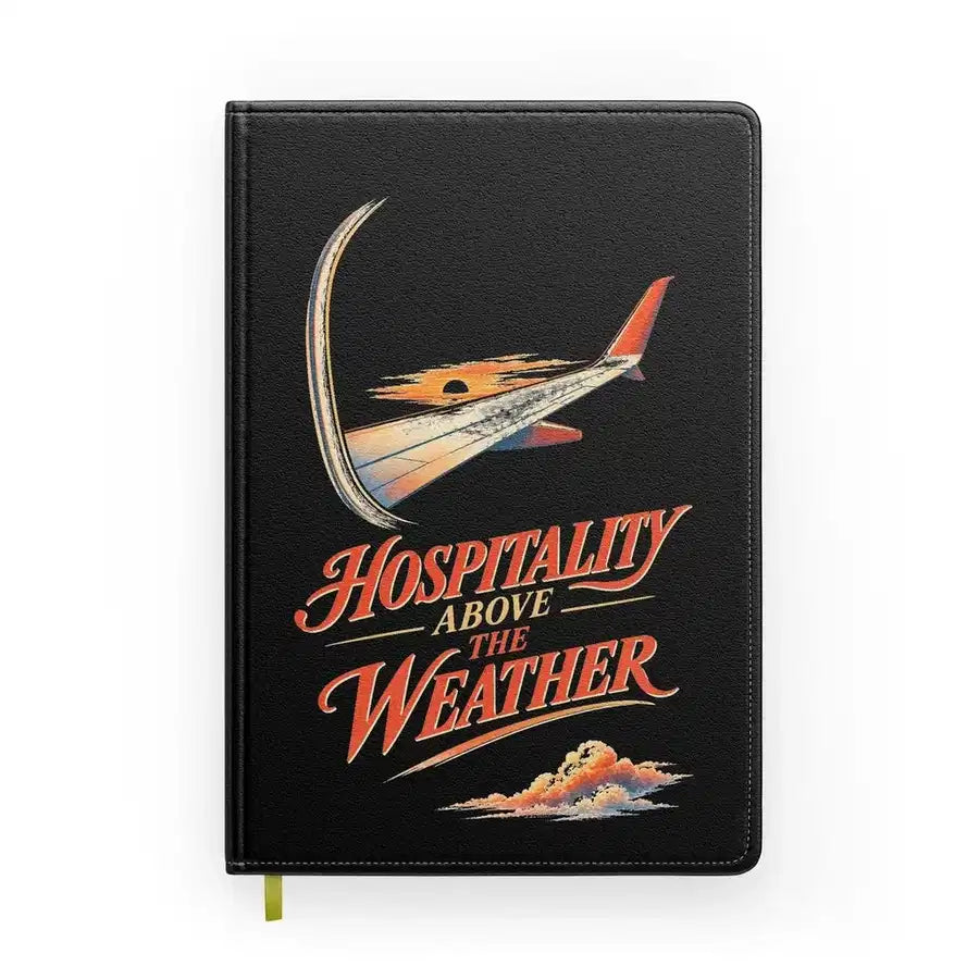 Hospitality Above The Weather design on black notebook