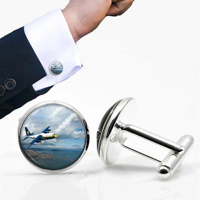 Side view of Blue Angels & Bridge aviation cuff links in polished metal, polished finish.