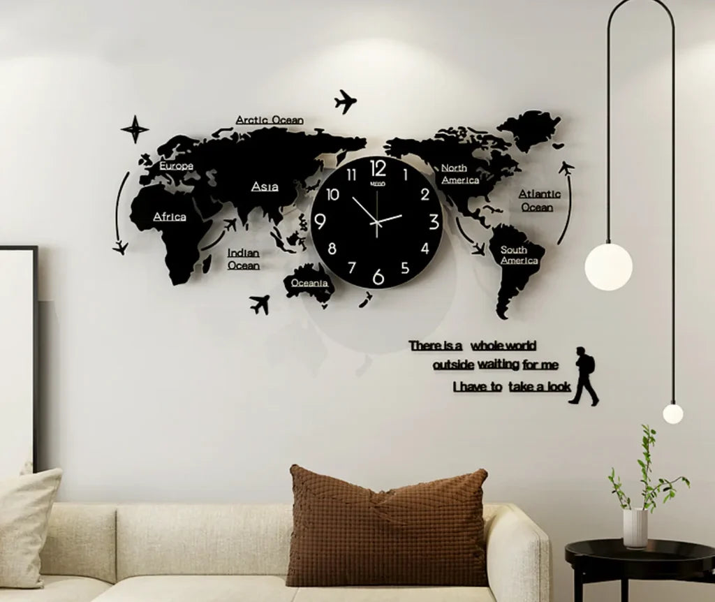 Acrylic & Decorative World Map aviation design on premium wood and metal wall clock.