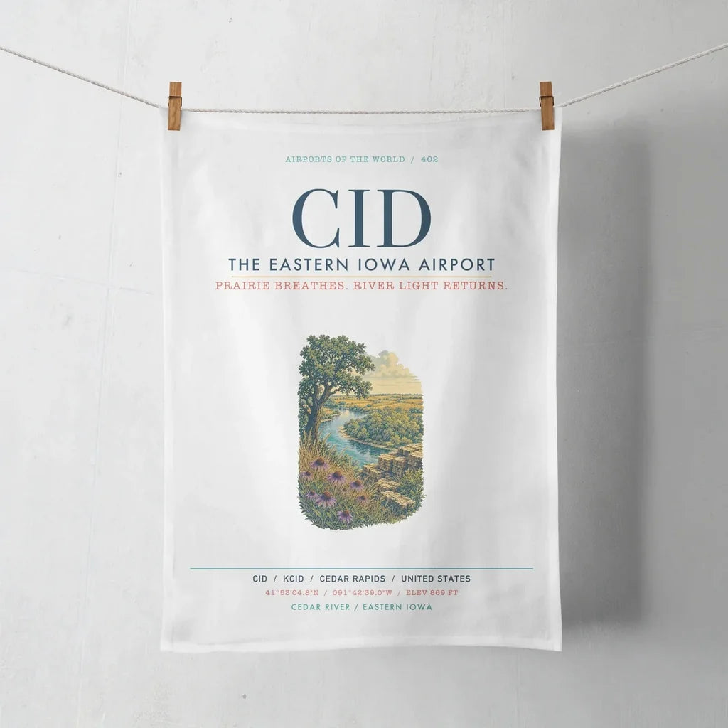 The Eastern Iowa Airport Cedar Rapids (CID) design on white towel