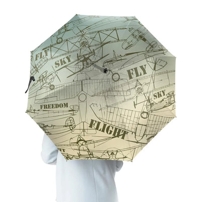Retro Airplanes & Text aviation design on windproof polyester umbrella.