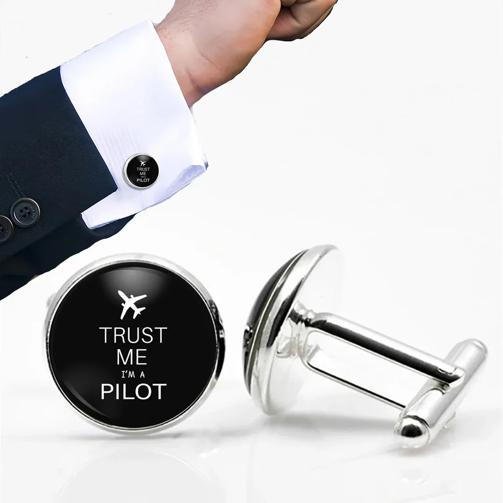 Trust Me I'm a Pilot 2 aviation-themed cuff links, polished metal.