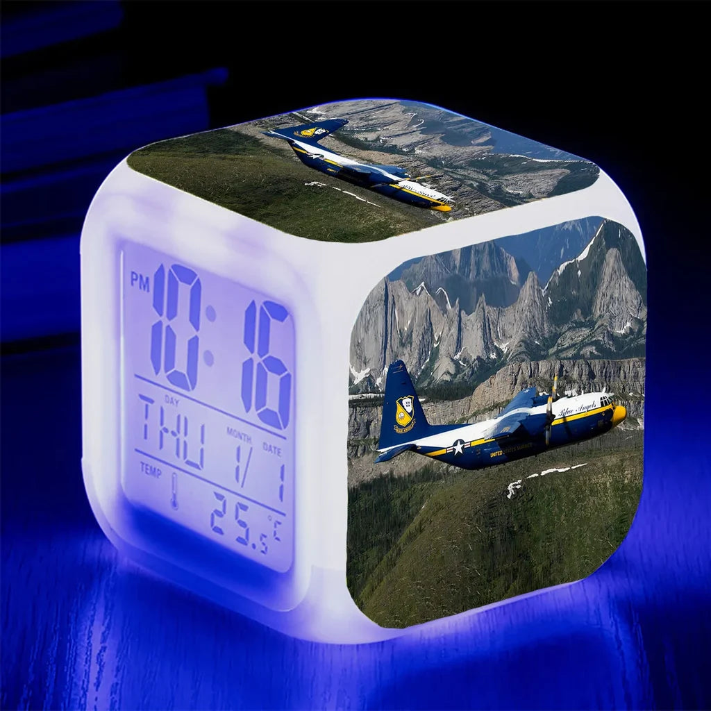 Amazing View with Blue Angels Aircraft "7 Colour" Digital Alarm aviation art table clock in premium wood and metal.