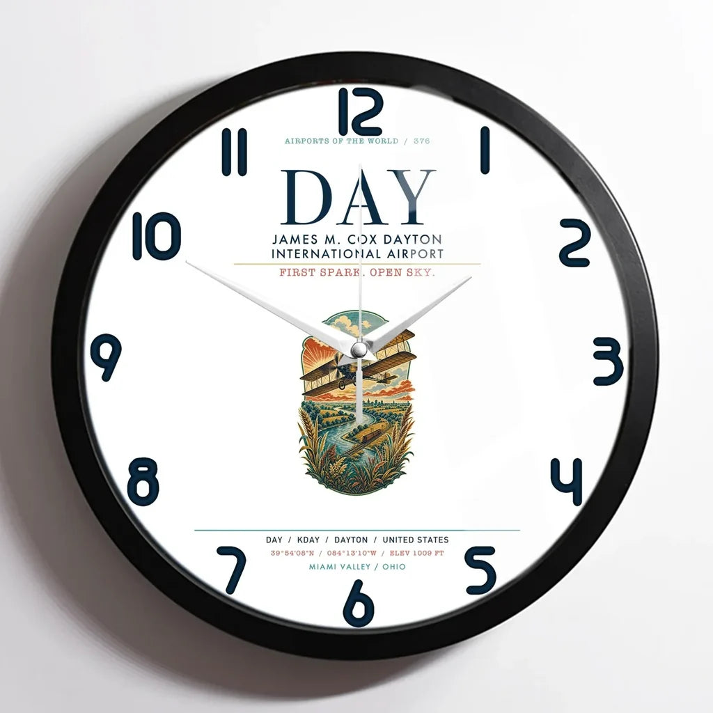 James M. Cox Dayton International Airport (DAY) design on white framed wall clock