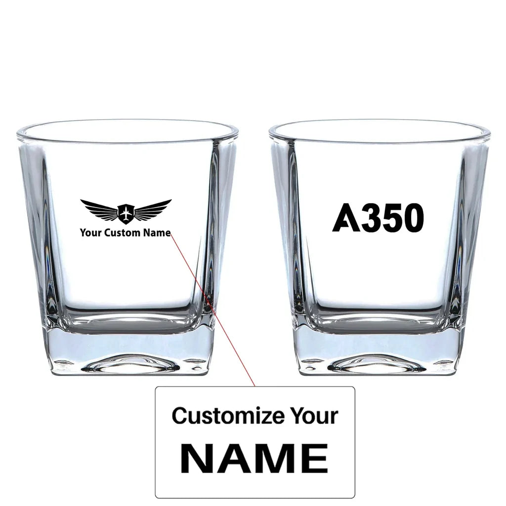 Airbus A350 Flat Text aviation design on whiskey glass, crystal-clear premium glassware.