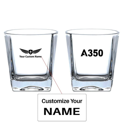 Airbus A350 Flat Text aviation design on whiskey glass, crystal-clear premium glassware.