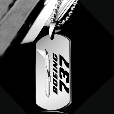 Side view of The Boeing 737 aviation necklace in polished metal, polished finish.