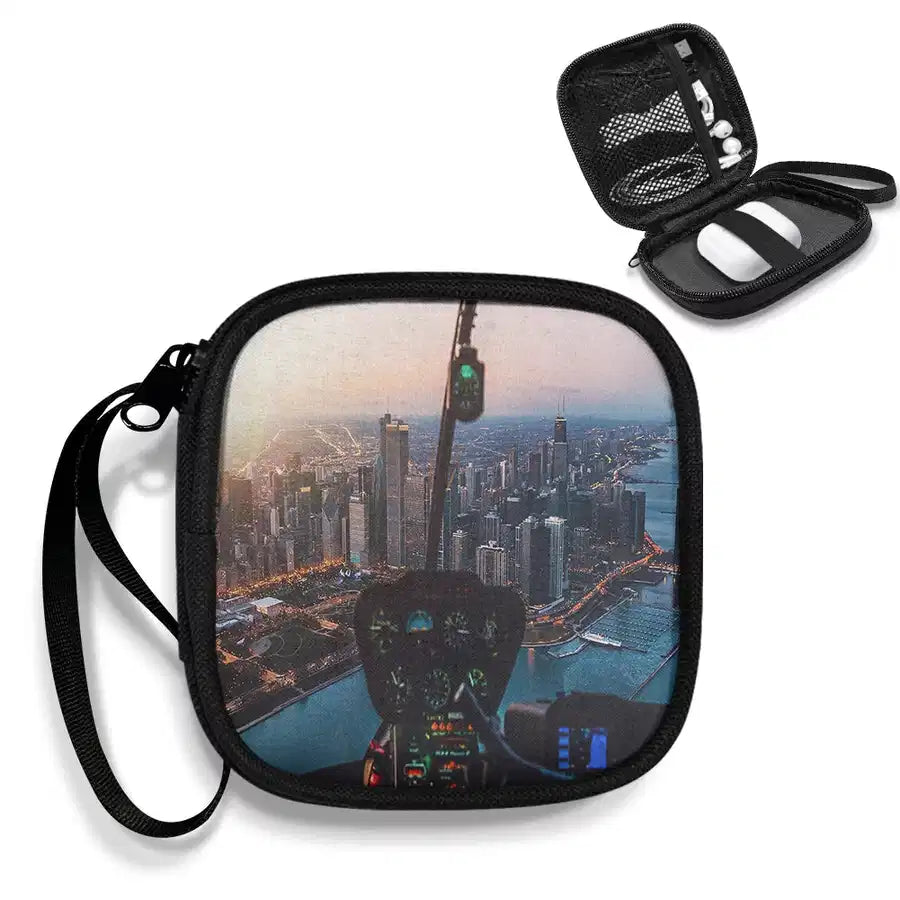 Amazing City View from Helicopter Cockpit Portable aviation portable headphone bag in padded polyester.