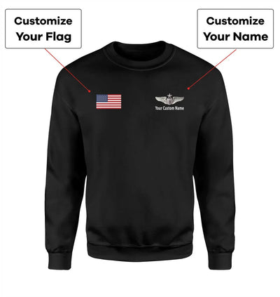 Custom Flag & Name with (US Air Force & Star) aviation design printed on soft cotton blend sweatshirt.