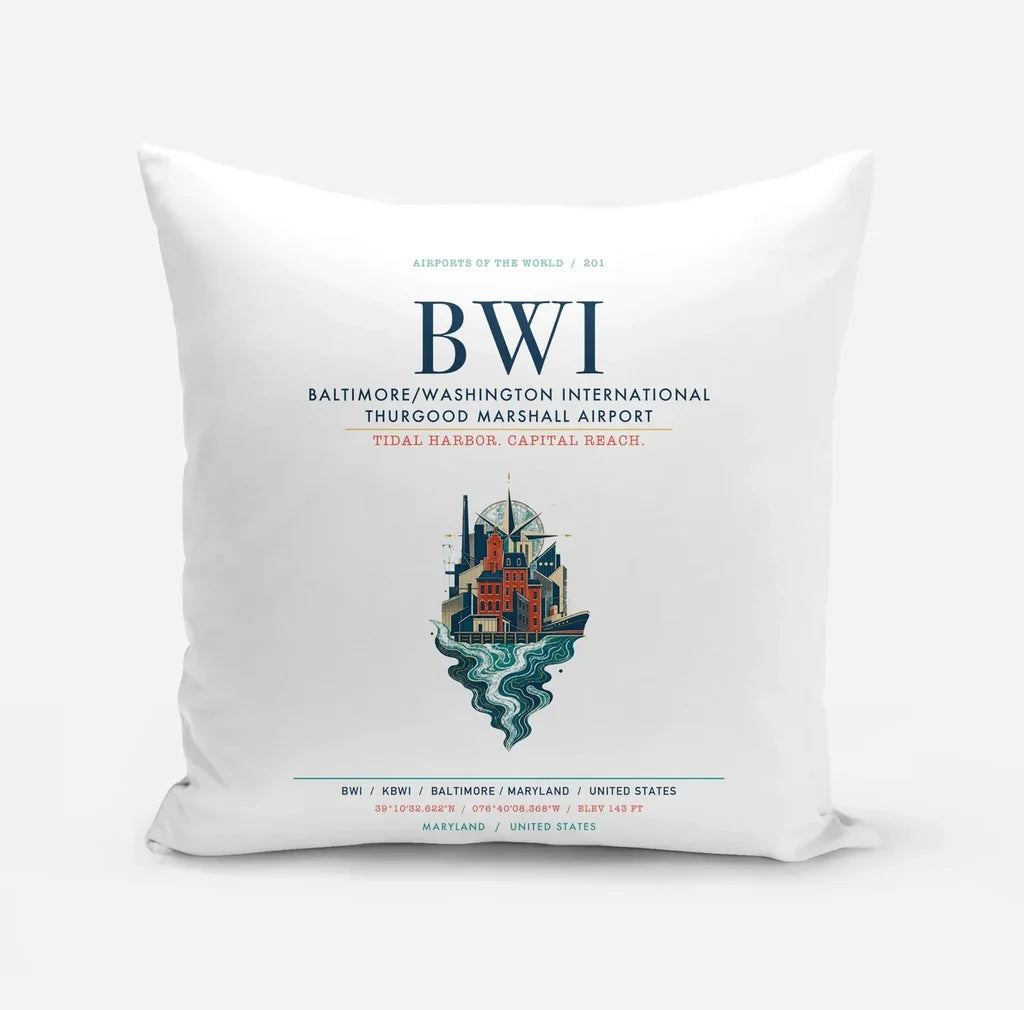 Baltimore-Washington International Thurgood Marshall Airport (BWI) design on white pillow
