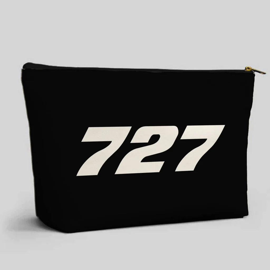 Boeing 727 Flat Text aviation zipper pouch in durable polyester.