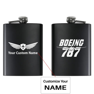 Amazing Boeing 787 aviation design on stainless hip flask, compact pocket-size flask.
