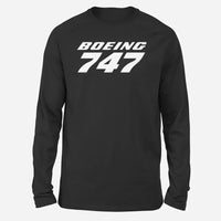 Thumbnail for Boeing 747 & Text Long-Sleeve aviation design printed on soft cotton long-sleeve T-shirt.