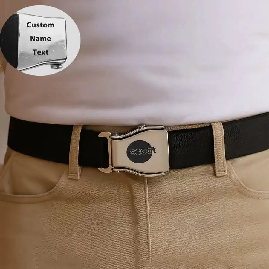 Scoot Airlines aviation seat-belt buckle accessory, real seat-belt webbing.
