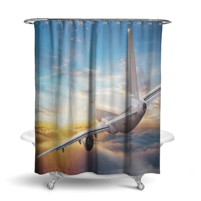 Airliner Jet Cruising over Clouds aviation design on waterproof polyester shower curtain.