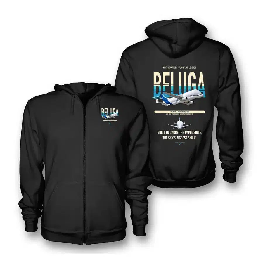 Airbus BelugaXL design on black zipped hoodie