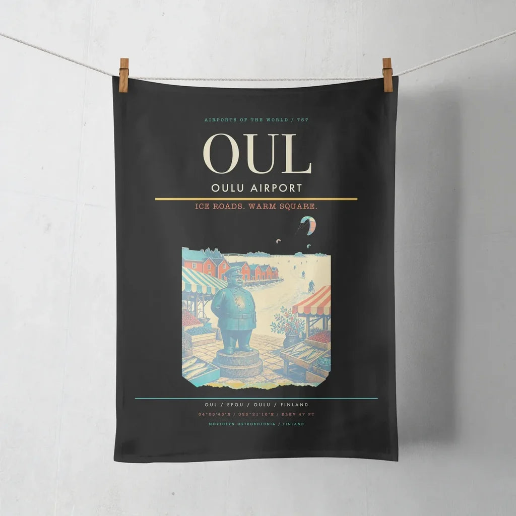 Oulu Airport (OUL) design on black towel
