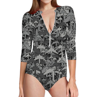 Dark Coloured Airplanes aviation design on stretch swim fabric deep-V swim bodysuit.