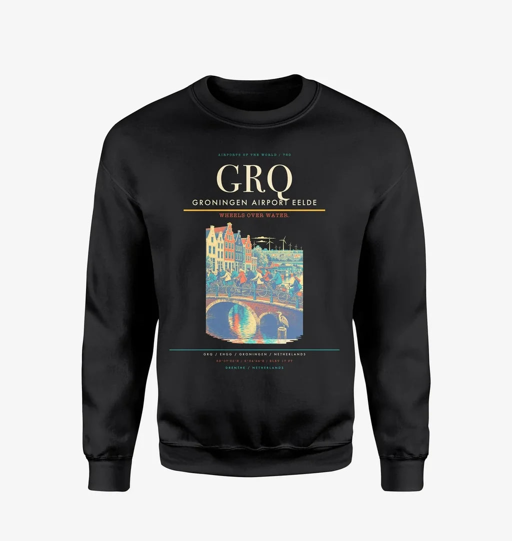 Groningen Airport Eelde (GRQ) design on black sweatshirt