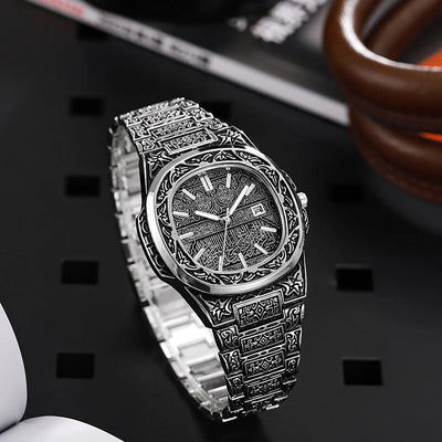 Vintage Relief Steel Men Watch Calendar Quartz Wristwatch aviation pilot watch, stainless steel body with engraved detail.