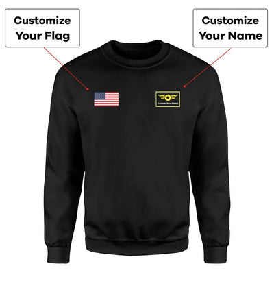 Custom Flag & Name with (Special Badge) aviation design printed on soft cotton blend sweatshirt.