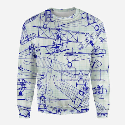 Amazing Drawings of Old Aircrafts aviation design printed on soft cotton blend 3D sweatshirt.
