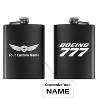 Thumbnail for Boeing 777 & Text aviation design on stainless hip flask, compact pocket-size flask.