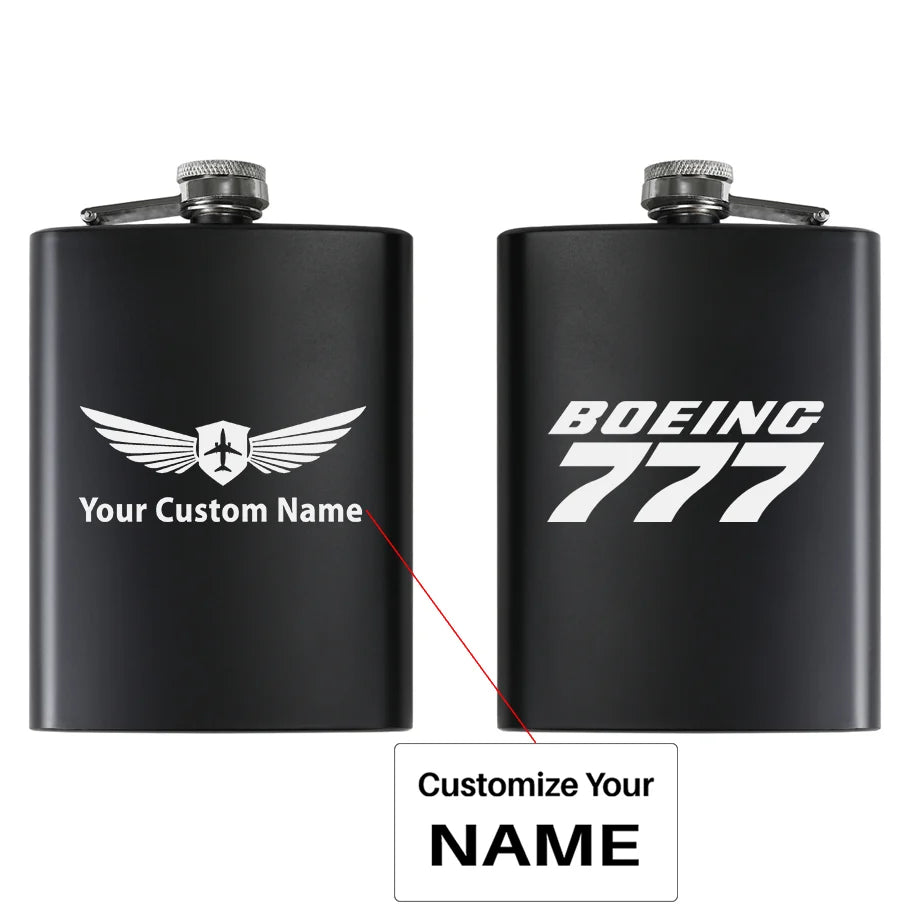 Boeing 777 & Text aviation design on stainless hip flask, compact pocket-size flask.