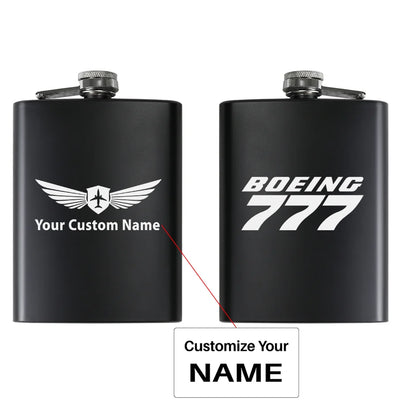 Boeing 777 & Text aviation design on stainless hip flask, compact pocket-size flask.