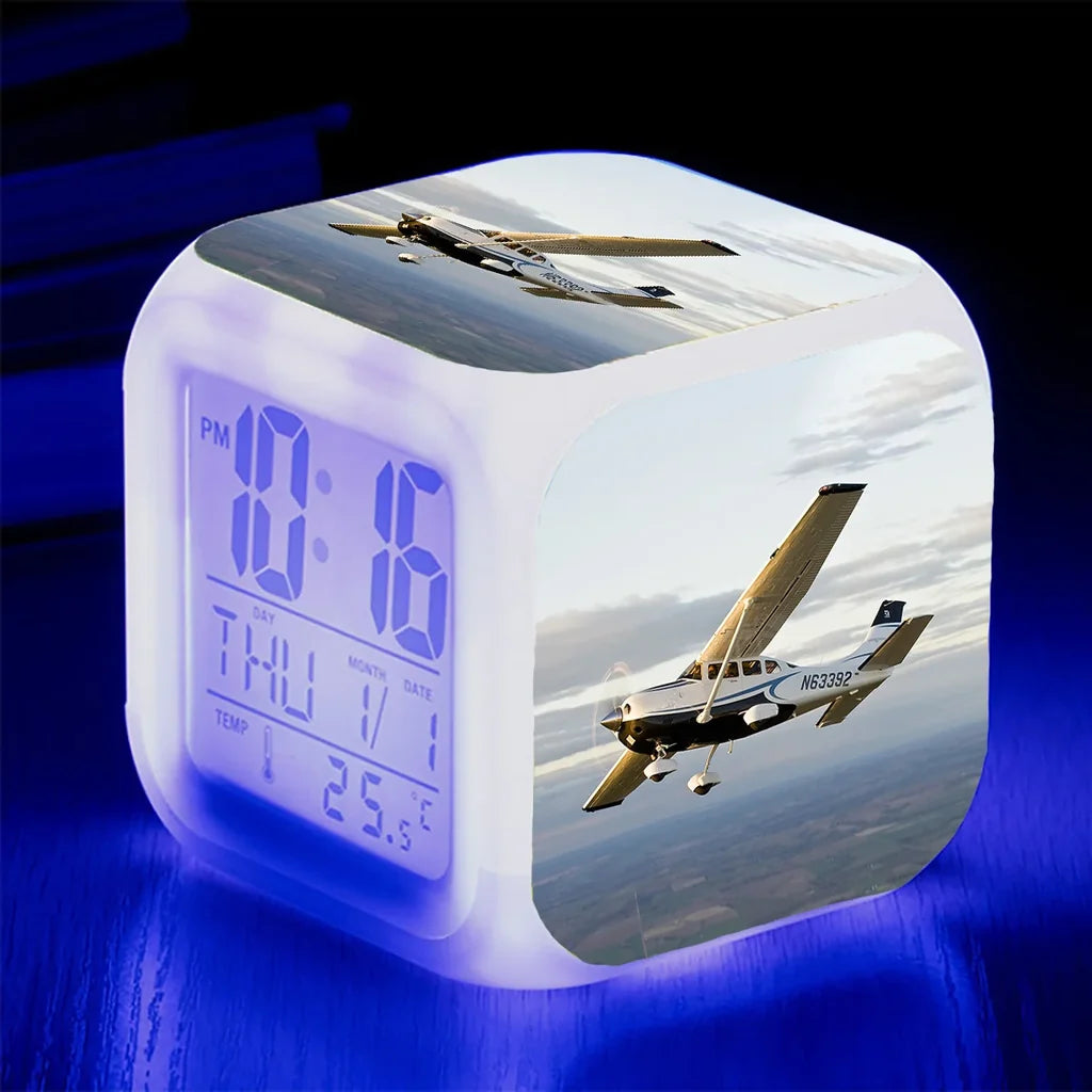 Cruising Cessna "7 Colour" Digital Alarm aviation themed table clock, premium wood and metal.