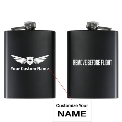Remove Before Flight 2 aviation design on stainless hip flask, compact pocket-size flask.