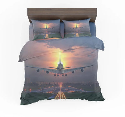 Super Airbus A380 Landing During Sunset aviation print bedding set, soft cotton blend.