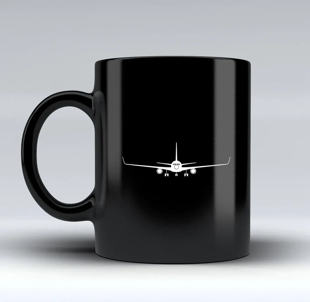 Boeing 767 Silhouette aviation design on black mug, matte black ceramic finish.