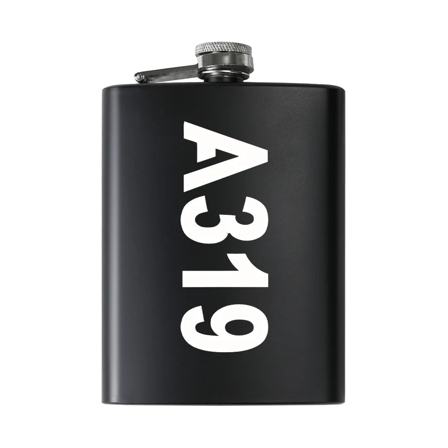 Airbus A319 Text aviation design on stainless hip flask, compact pocket-size flask.