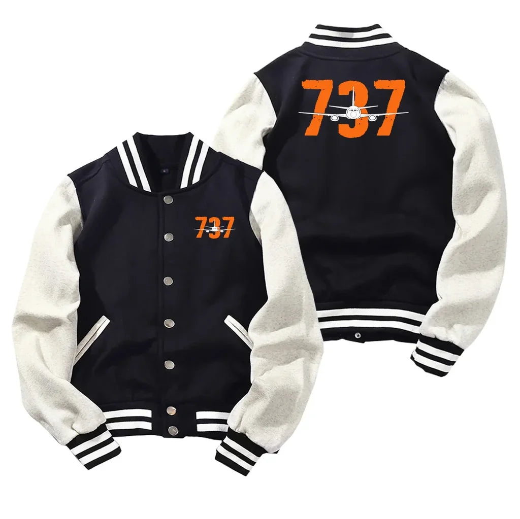 Boeing 737 2 Baseball Style aviation design printed on two-tone shell with ribbed cuffs baseball jacket.