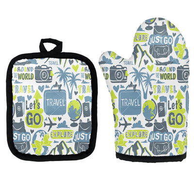 Motivational Travel Badges Kitchen Glove & Holder aviation design on durable fabric with insulated lining kitchen glove holder.