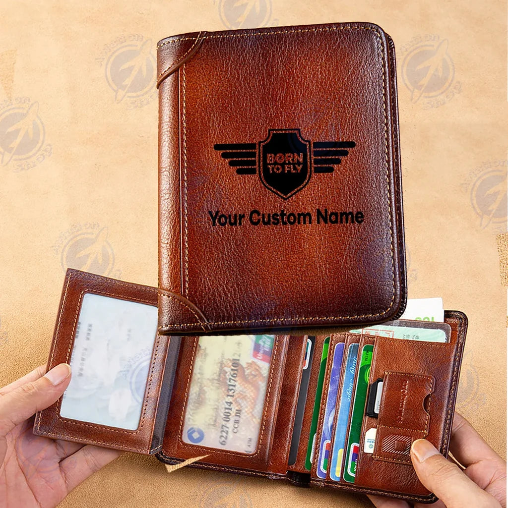 Custom Name (Badge 5) aviation print leather wallet, leather.