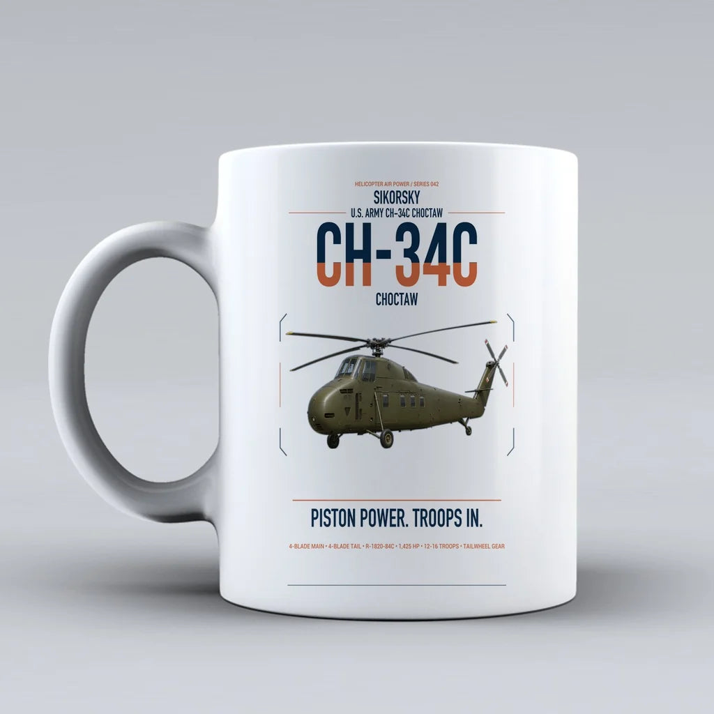 Sikorsky CH-34C Choctaw design on white ceramic mug, double-side print