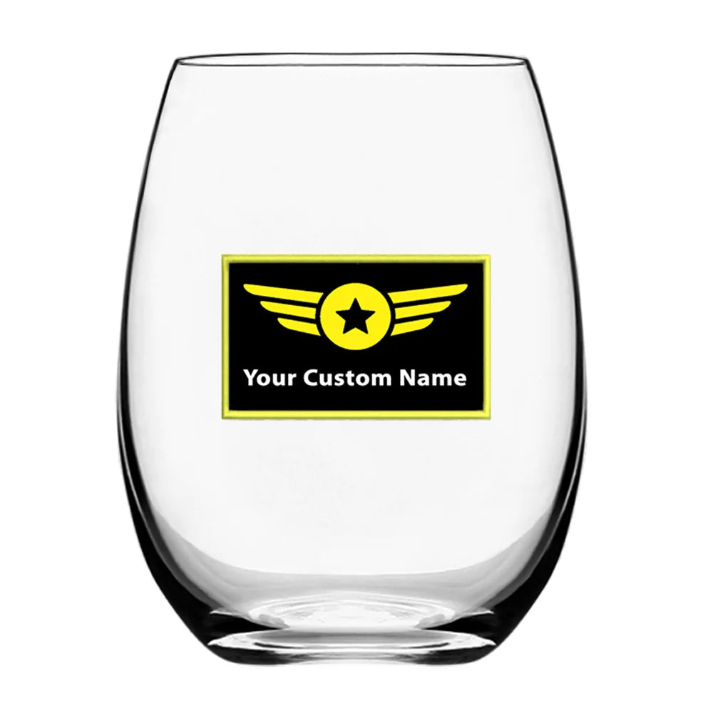 Custom Name "Special Badge" Water & Drink aviation design on water glass, crystal-clear premium glassware.