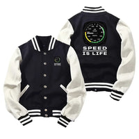 Thumbnail for Speed Is Life Baseball Style aviation design printed on two-tone shell with ribbed cuffs baseball jacket.