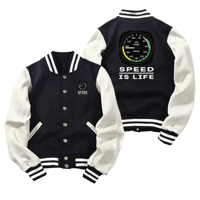 Speed Is Life Baseball Style aviation design printed on two-tone shell with ribbed cuffs baseball jacket.