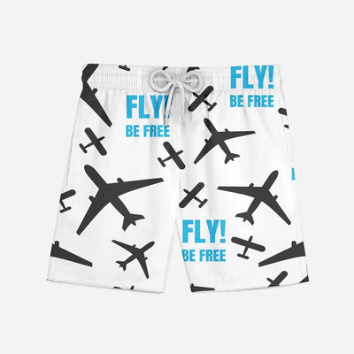 Fly Be Free (White) aviation design on quick-dry polyester swim trunks.
