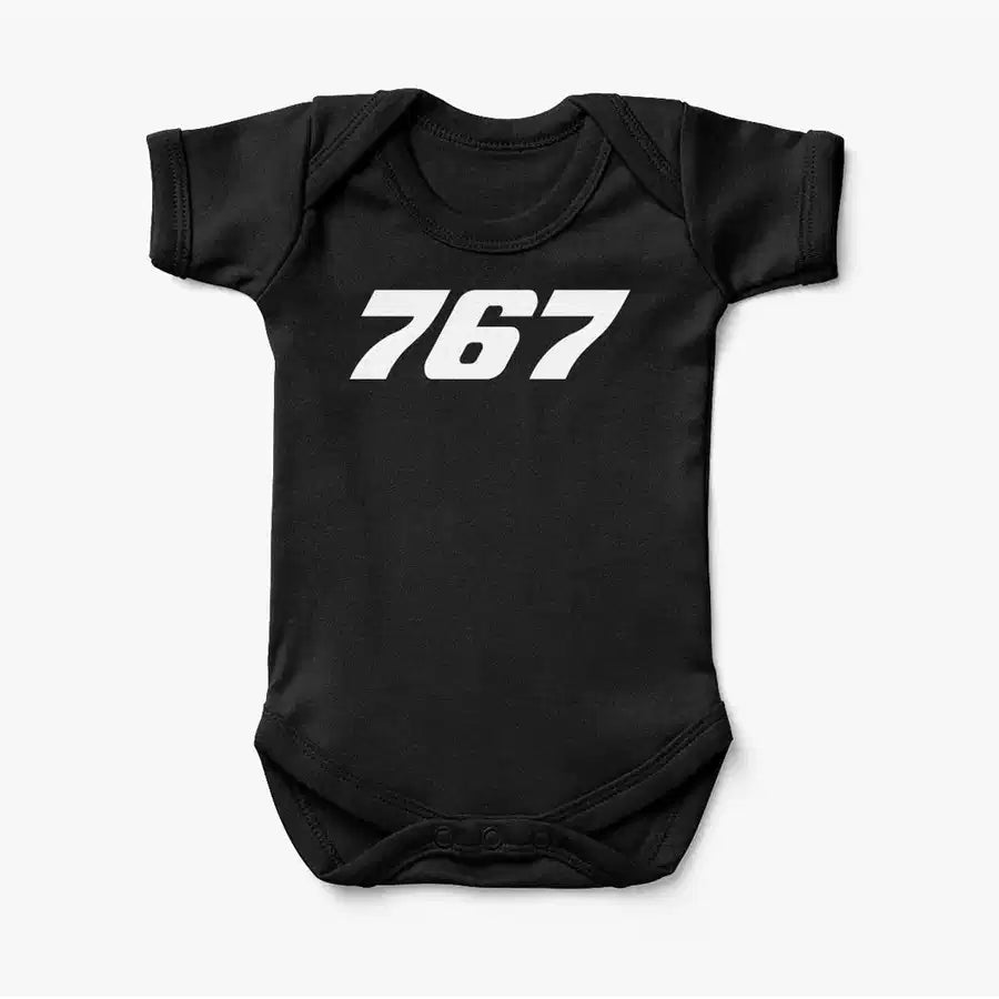 Boeing 767 Flat Text aviation print on kids gentle cotton bodysuit.